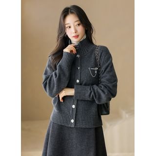 Turtleneck Wool Cardigan with Brooch