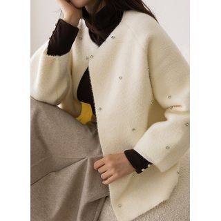 Rhinestone-Embellished Furry Open Cardigan