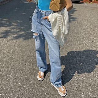 Slit Distressed Wide-Leg Jeans