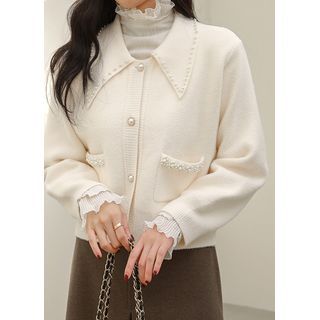 Collared Pearly-Trim Cardigan Cream - One Size