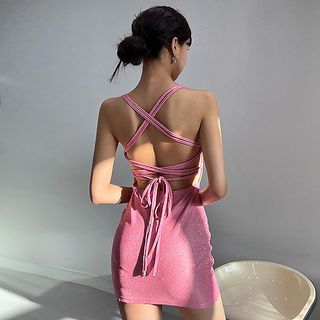 Strappy Cowl-Neck Glitter Minidress
