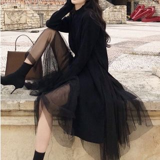 Windflower Mock Neck Slit Sweater Midi A Line Mesh Skirt windflower kopen in de aanbieding Windflower Mock Neck Slit Sweater Midi A Line Mesh Skirt windflower kopen in de aanbieding