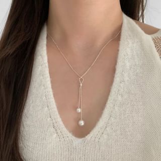 Sterling Silver Faux Pearl Lariat Necklace