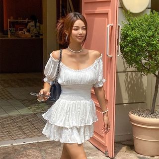 Off-Shoulder Smocked Layered Playsuit