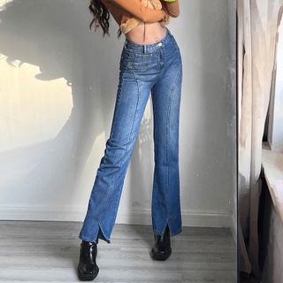 Low Rise Washed Slit Flared Jeans