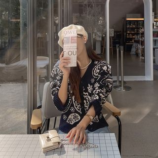 V-Neck Paisley Knit Cardigan