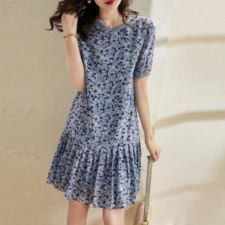 Short-Sleeve Floral Mini A-Line Dress