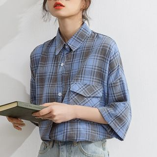 Elbow-Sleeve Plaid Blouse Blue - One Size