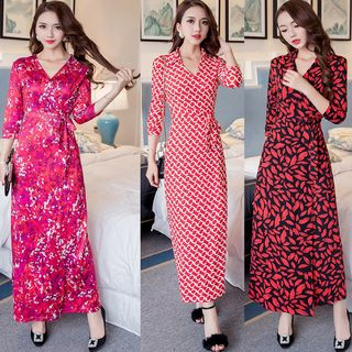 Print 3/4-Sleeve Maxi Wrap Dress - Asian Fashion