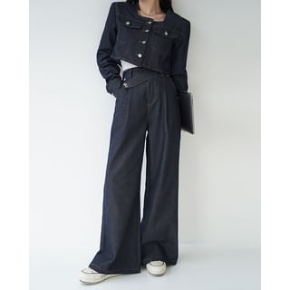 Denim Set: Square-Neck Crop Jacket + Zip-Fly Wide Pants Dark Blue - One Size