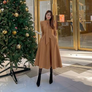 Tie-Neck Flared Long Shirtdress