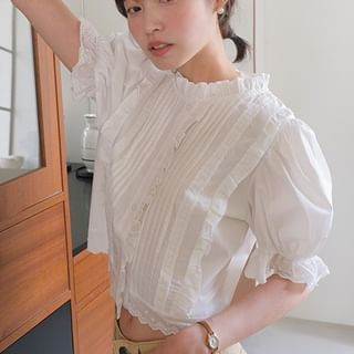 Puff-Sleeve Pin-Tuck Blouse White - One Size