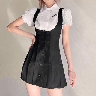 Short-Sleeve Ruffled Shirt / Button-Up Mini Overall Dress
