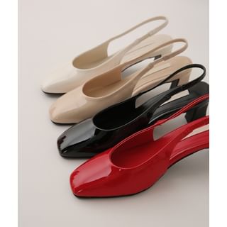 Square-Toe Block-Heel Patent Slingback Pumps