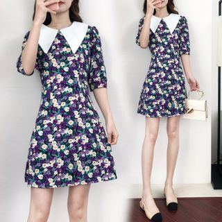 Elbow-Sleeve Floral A-Line Dress