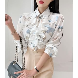 Jabot Print Crepe Shirt with Brooch