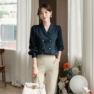 Shawl-Collar Double-Breasted Satin Blouse