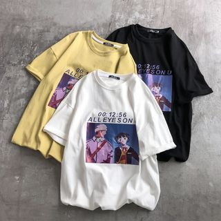 Elbow-Sleeve Printed T-Shirt - Asian Fashion