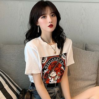 Ashlee Short Sleeve Fortune Cat Print T Shirt ashlee kopen in de aanbieding