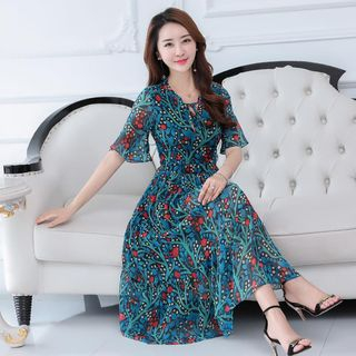 Elbow-Sleeve Floral Chiffon Midi Dress - Asian Fashion