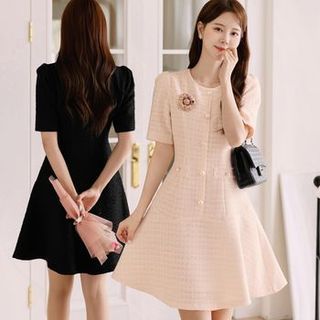 Puff-Sleeve Flared Pearly Tweed Dress