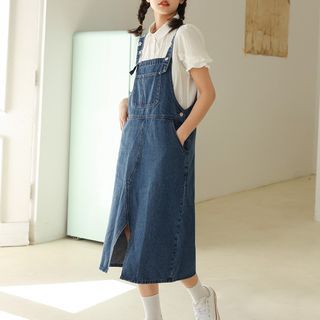 Floral Embroidery Denim Dungaree Dress