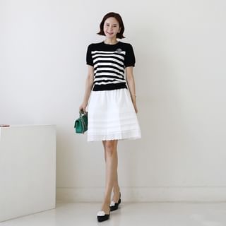 Stripe Knit Top with Brooch