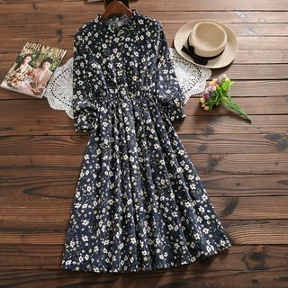 Floral Long-Sleeve Midi A-line Corduroy Dress - Asian Fashion