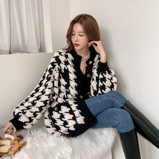 Loose-Fit Houndstooth Cardigan Black - One Size