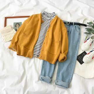 Miruku Long Sleeve Striped Turtleneck Cardigan Straight Cut Pants Belt miruku kopen in de aanbieding