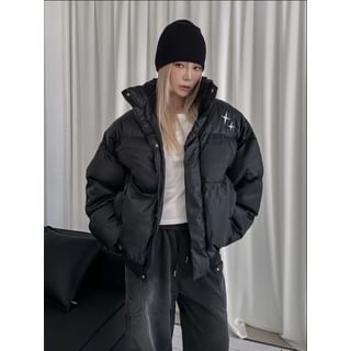 Long-Sleeve Brooch Leather Padded Jacket