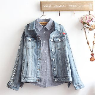 Plaid Shirt / Letter Denim Jacket / Set - Asian Fashion
