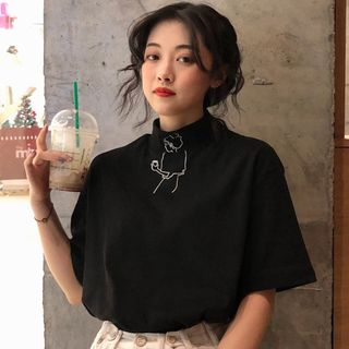 Fabricino Short Sleeve Embroidered Mock Neck T Shirt fabricino kopen in de aanbieding