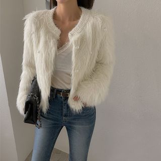 Faux-Pearl Embellished Furry Cardigan